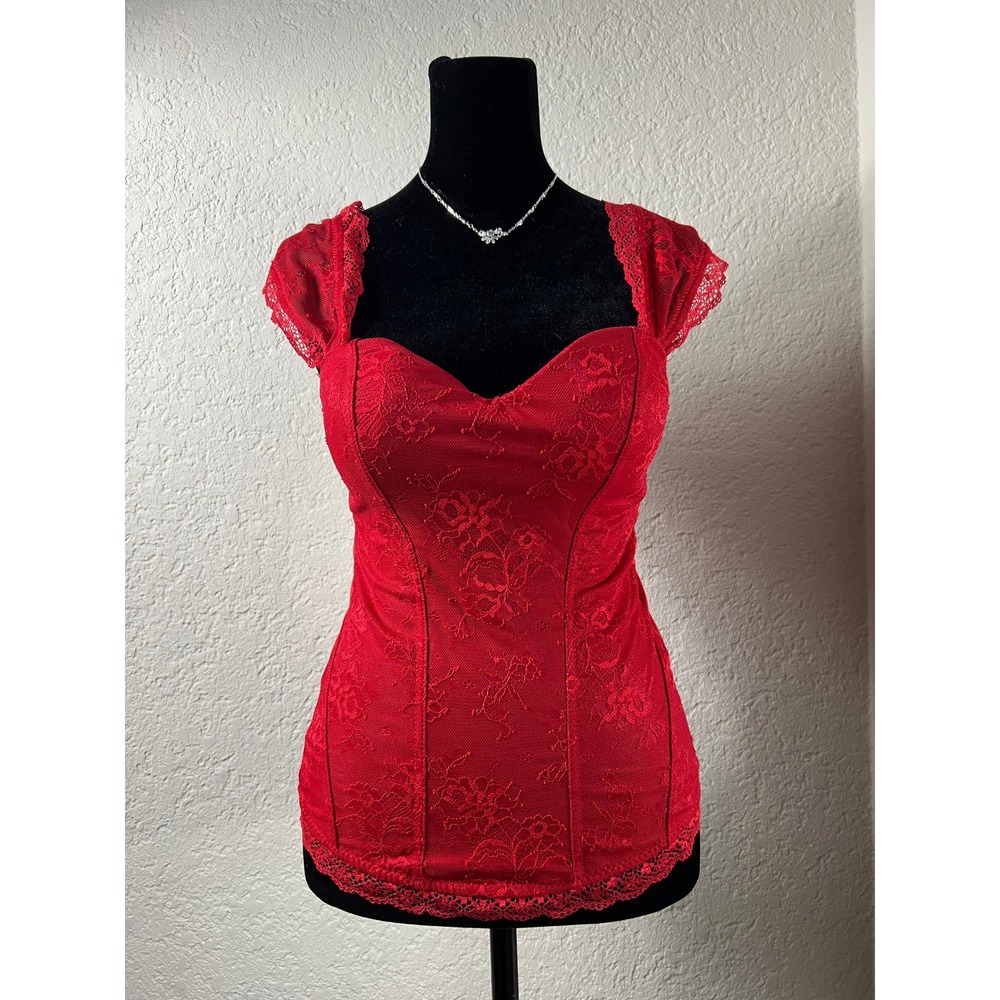 Red Floral Lace Overlay Bustier Corset Bodice Top Medium Vampy Goth